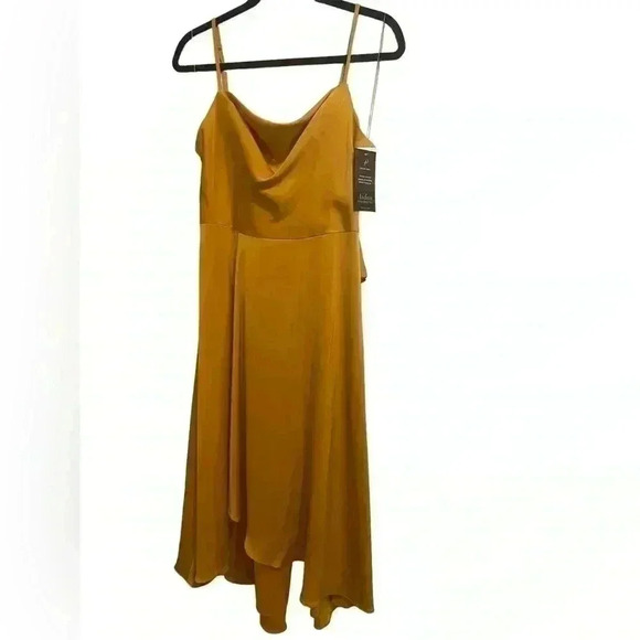 Aiden Halter Cowl High-Low Mustard Dress - Picture 4 of 9